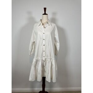 Gianni Bini Womens Dress Large White Button Front Shirt Drop Waist Tiered NWT